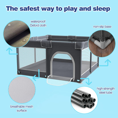 Foldable Baby Playpen - 50"x50" Safety Play Yard for Babies & Toddlers - Indoor & Outdoor Use with Carry Bag - Collapsible, Portable Play Yard, Dark Gray