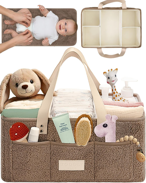 Baby Diaper Caddy Organizer with Portable Changing Mat - Teddy Fleece Diaper Organizer for Changing Table - Basket for Changing Essentials - Baby Essentials Organizer with Removable Dividers
