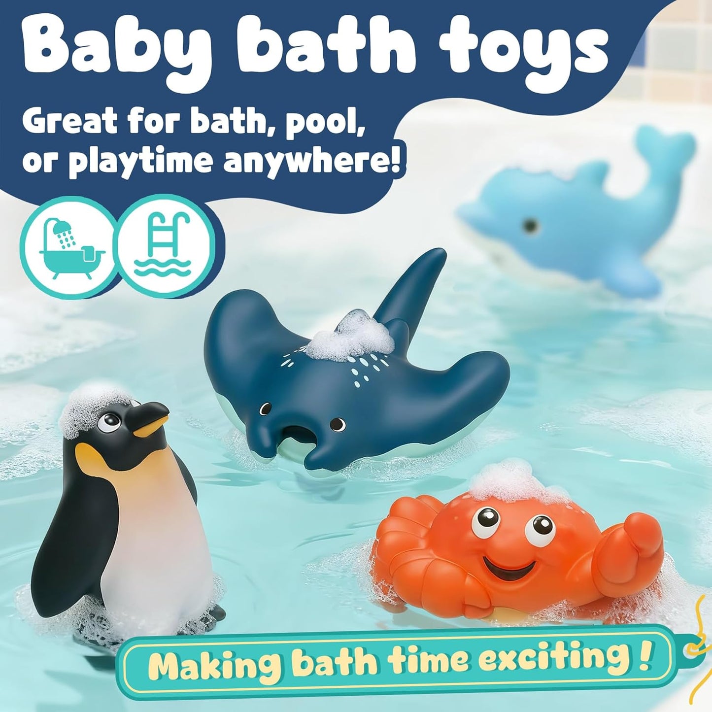 6-Pcs Ocean Bath Toys for Toddlers 1-3, No Hole Mold Free Bathtub Toys, Whale Shark Dolphin Penguin Sea Animal Set for Baby Bath Time or Pool Water Play