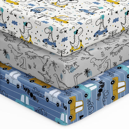 Unnivoll Baby Crib Sheets for Boys Girls, 28x52x8in Fitted Crib Sheet Neutral 3 Pack for Standard Crib and Toddler Mattress, Breathable Soft Microfiber Baby Sheet Blue Gray Planet