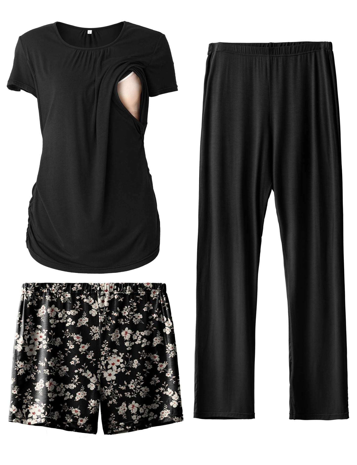 SUNNYBUY Womens Maternity Nursing Pajamas Set, Short Sleeve Breastfeeding Shirts，Pregnancy Shorts & Pants 3 Piece Nursing PJS