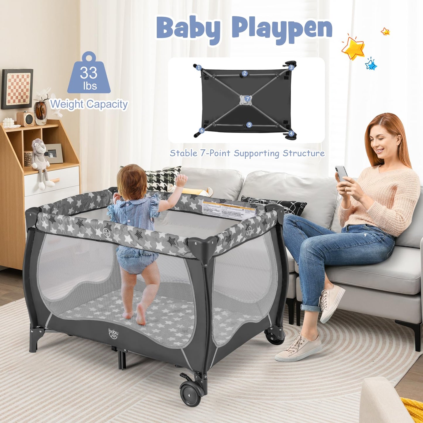 BABY JOY 4 in 1 Pack and Play with Canopy, Portable Baby Playard with Bassinet, Double-Layer Baby Crib, Wheels & Brake, Foldable Baby Girl Pink Princess Bassinet from Newborn to Toddler