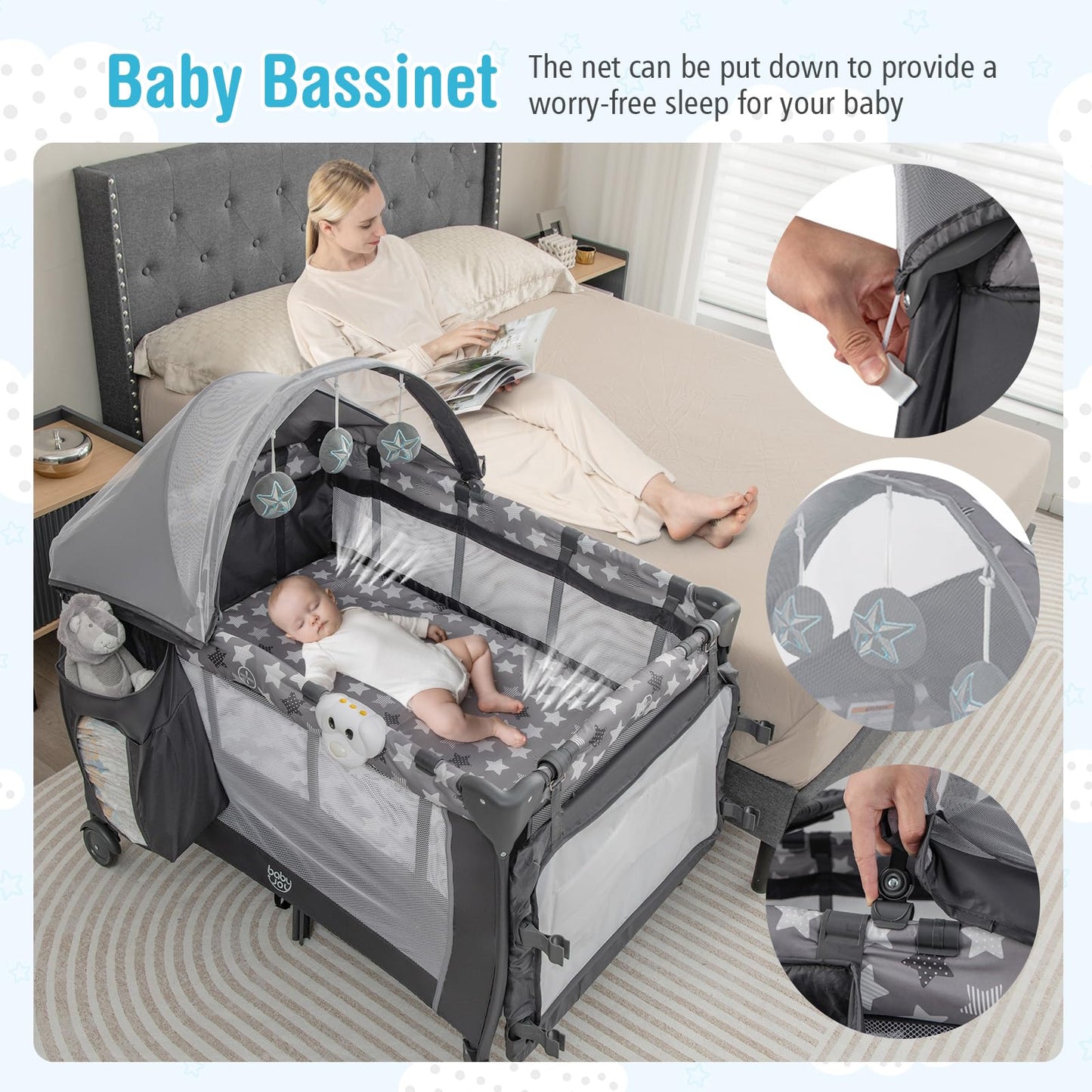 BABY JOY 4 in 1 Pack and Play with Canopy, Portable Baby Playard with Bassinet, Double-Layer Baby Crib, Wheels & Brake, Foldable Baby Girl Pink Princess Bassinet from Newborn to Toddler
