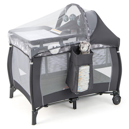BABY JOY 4 in 1 Pack and Play with Canopy, Portable Baby Playard with Bassinet, Double-Layer Baby Crib, Wheels & Brake, Foldable Baby Girl Pink Princess Bassinet from Newborn to Toddler