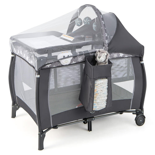 BABY JOY 4 in 1 Pack and Play with Canopy, Portable Baby Playard with Bassinet, Double-Layer Baby Crib, Wheels & Brake, Foldable Baby Girl Pink Princess Bassinet from Newborn to Toddler