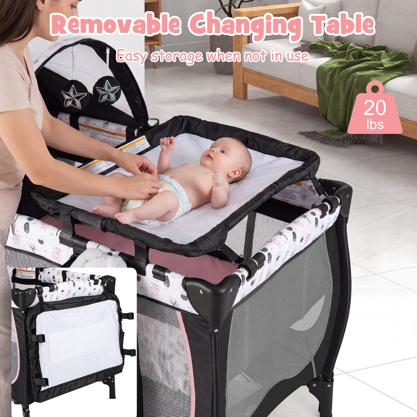 BABY JOY 4 in 1 Pack and Play with Canopy, Portable Baby Playard with Bassinet, Double-Layer Baby Crib, Wheels & Brake, Foldable Baby Girl Pink Princess Bassinet from Newborn to Toddler