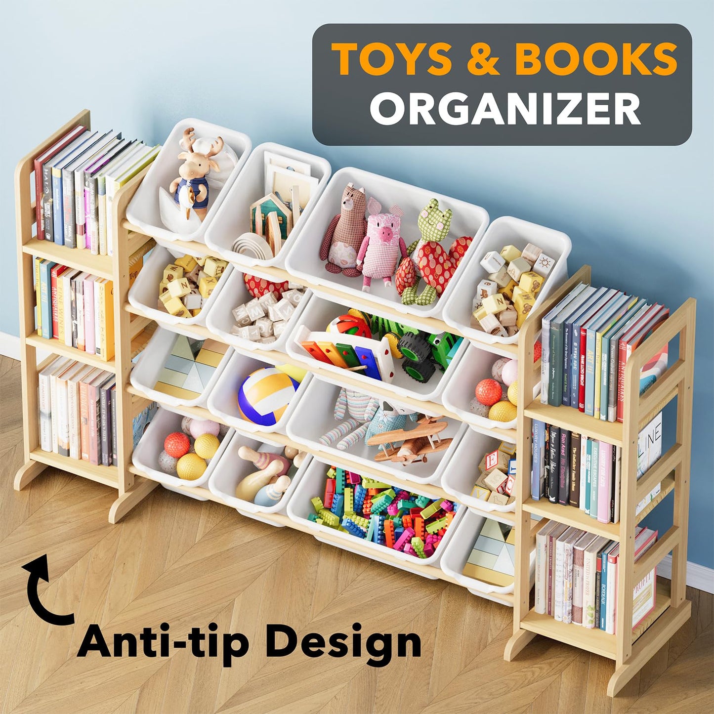SpaceAid Toy Storage Organizer with 6 Shelves and 12 Bins, Bookshelf/Bookcase, Kids Bin Shelf, Toys Box for Playroom Organization for Bedroom & Room Decor, White, 52.3" W