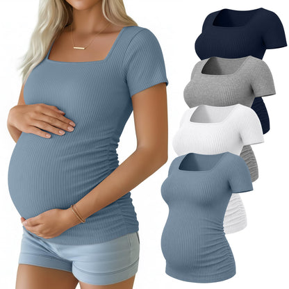 Huukeay 4 Pack Women's Maternity Shirts Cotton Ribbed Short Sleeve Square Neck Pregnancy Tops Side Ruched Summer Tee
