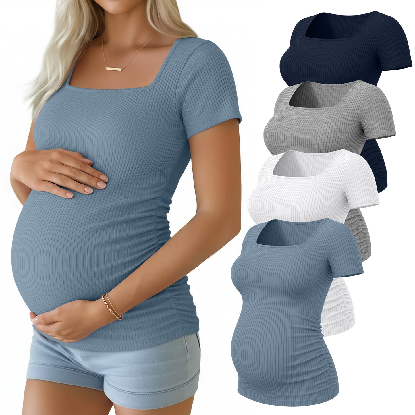 Huukeay 4 Pack Women's Maternity Shirts Cotton Ribbed Short Sleeve Square Neck Pregnancy Tops Side Ruched Summer Tee