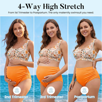 Zando High Waist Maternity Swimsuit Two Piece Pregnancy Swimwear Bikini Bathing Suits for Women Maternity Swimsuits