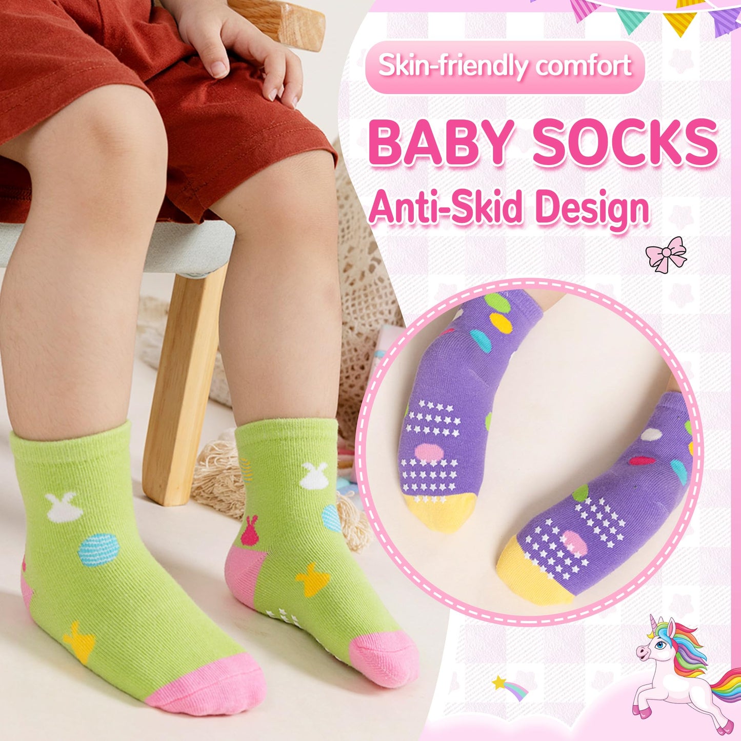 Toddler Non Slip Grips Socks Kids Anti Skid Baby Boys Girls Cotton Crew Socks 12 Pairs