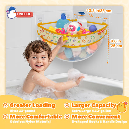 UNEEDE 4.32 Gallons Corner Mounted Bath Toy Storage Holder, Mesh Shower Caddy for Bathtub Organizer, Quick Dry Holder