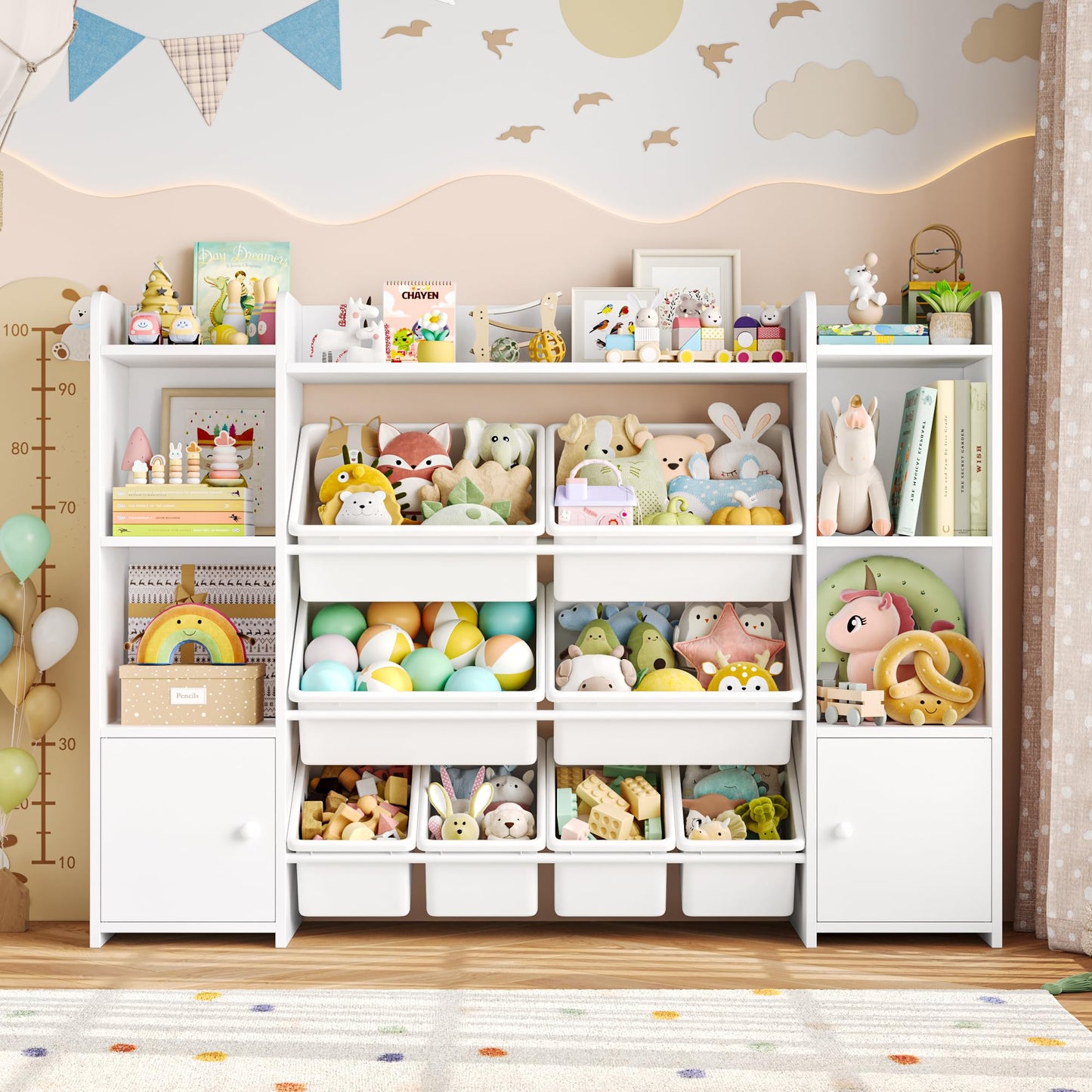 FOTOSOK Toy Storage Organizer with 8 Toy Bins, 55''Large Toy Organizers and Storage with Top Shelf, Toy Storage and Kids Bookshelf with 6 Storage Cubbies, Playroom Storage and Organization Bins, White