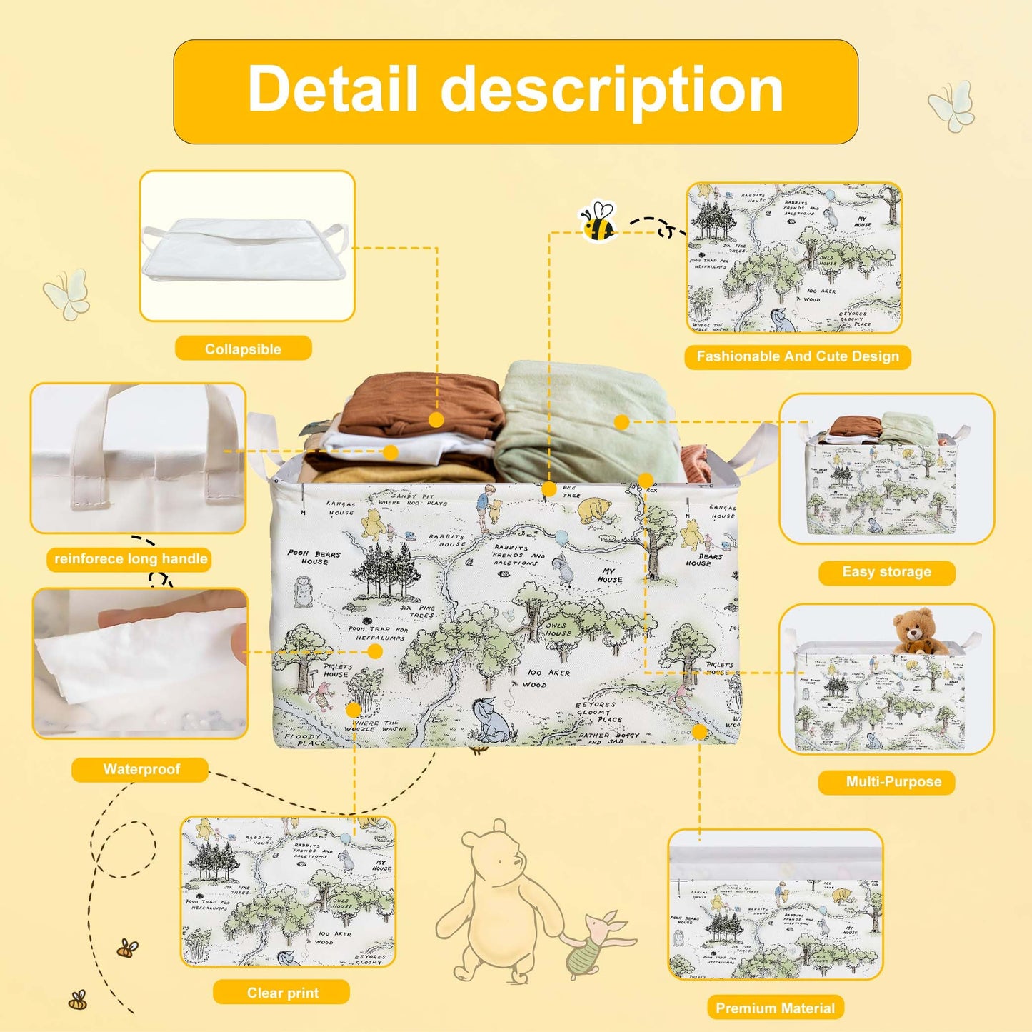 Winnie Nursery Decor, the Pooh Baby Stuff, Winnie Storage Nursery Basket, Large squarecanvas Laundry Hamper With A Waterproof PECoating, Foldable, Toys Bin, Baby Nursery HamperDecor, Star