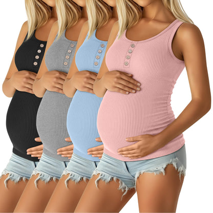 4 Pack Women's Maternity Tank Tops Henley Cotton Scoop Neck Shirt Ribbed Side Ruched Sleeveless Pregnancy Clothes
