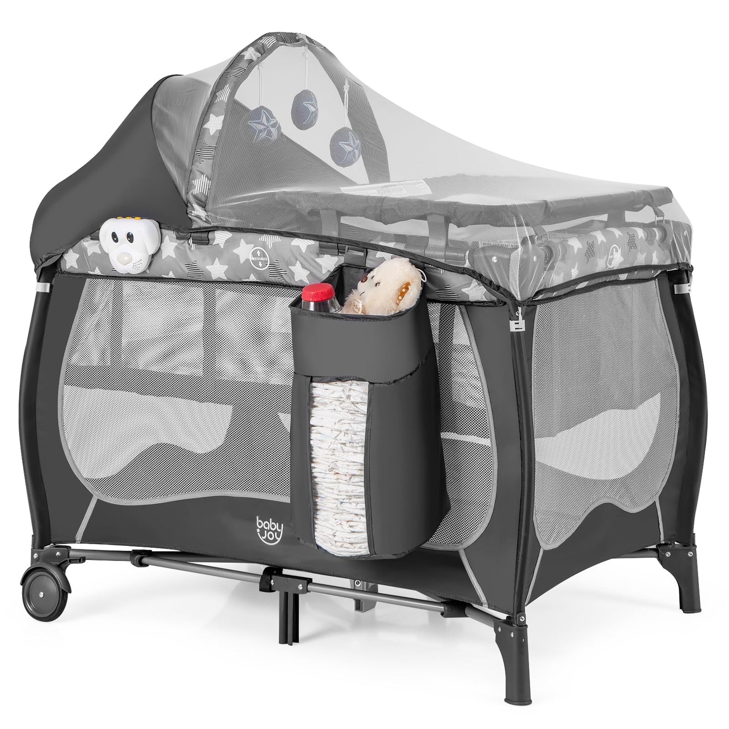 BABY JOY 4 in 1 Pack and Play with Canopy, Portable Baby Playard with Bassinet, Double-Layer Baby Crib, Wheels & Brake, Foldable Baby Girl Pink Princess Bassinet from Newborn to Toddler