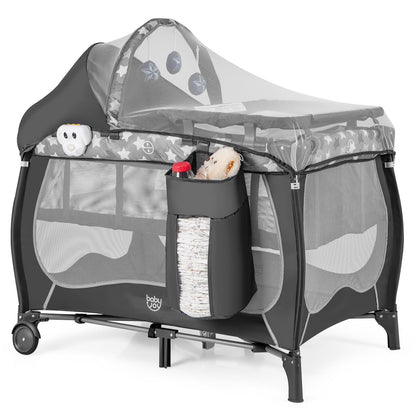 BABY JOY 4 in 1 Pack and Play with Canopy, Portable Baby Playard with Bassinet, Double-Layer Baby Crib, Wheels & Brake, Foldable Baby Girl Pink Princess Bassinet from Newborn to Toddler