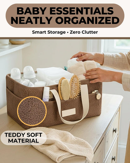 Baby Diaper Caddy Organizer with Portable Changing Mat - Teddy Fleece Diaper Organizer for Changing Table - Basket for Changing Essentials - Baby Essentials Organizer with Removable Dividers