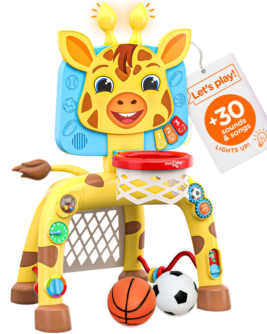 Move2Play, Dinosaur Basketball Hoop & Soccer Goal Activity Center | 30+ Sounds & Songs + 5 Lights | 1 2 3 Year Old for Boys and Girls | Toy & Gift for Baby & Toddlers