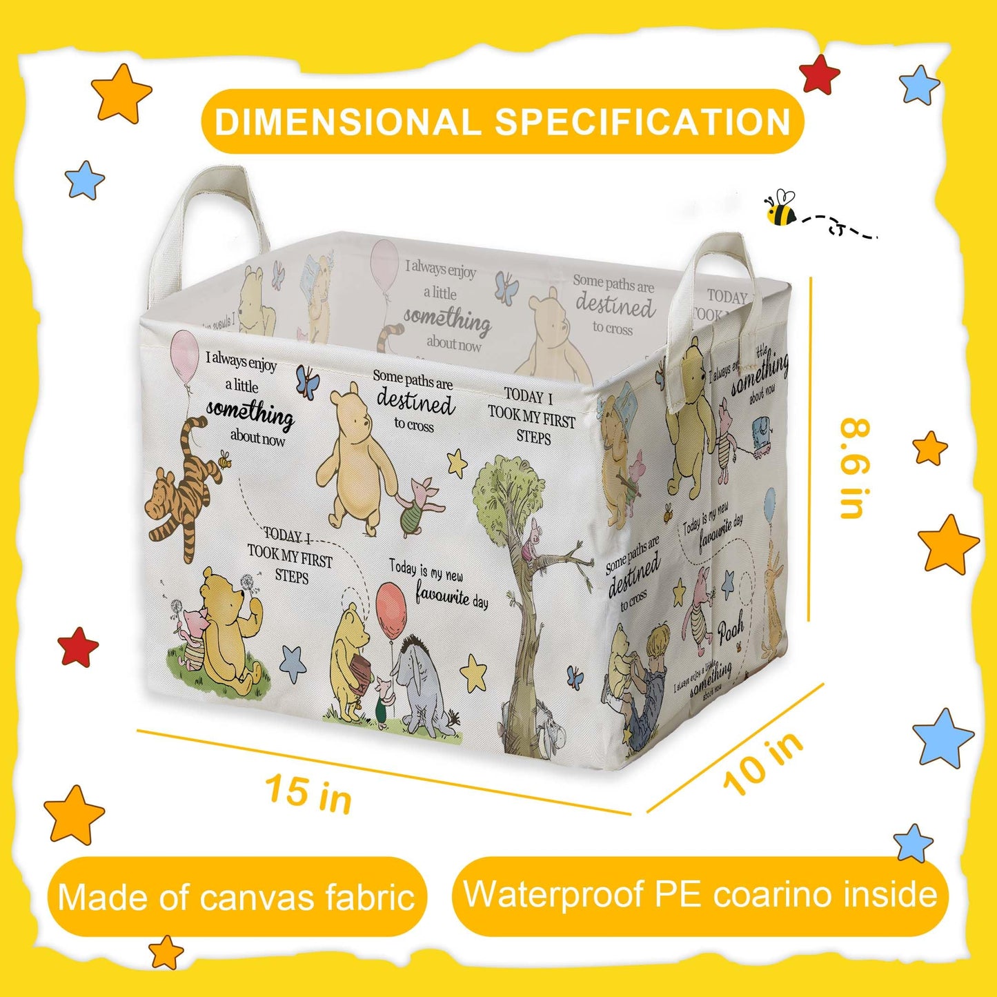 Winnie Nursery Decor, the Pooh Baby Stuff, Winnie Storage Nursery Basket, Large squarecanvas Laundry Hamper With A Waterproof PECoating, Foldable, Toys Bin, Baby Nursery HamperDecor, Star