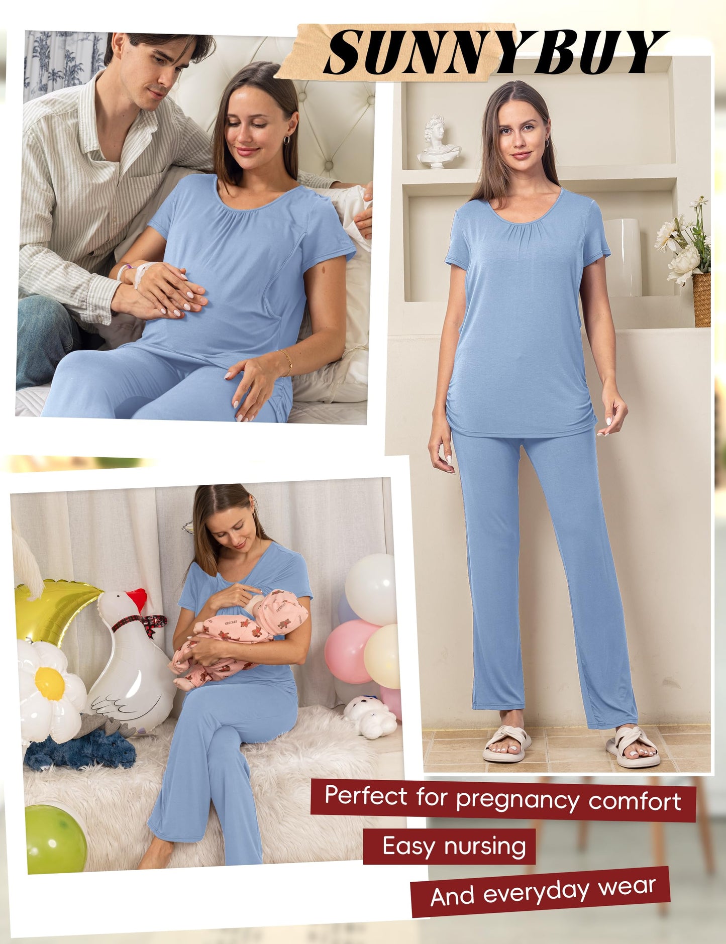 SUNNYBUY Womens Maternity Nursing Pajamas Set, Short Sleeve Breastfeeding Shirts，Pregnancy Shorts & Pants 3 Piece Nursing PJS