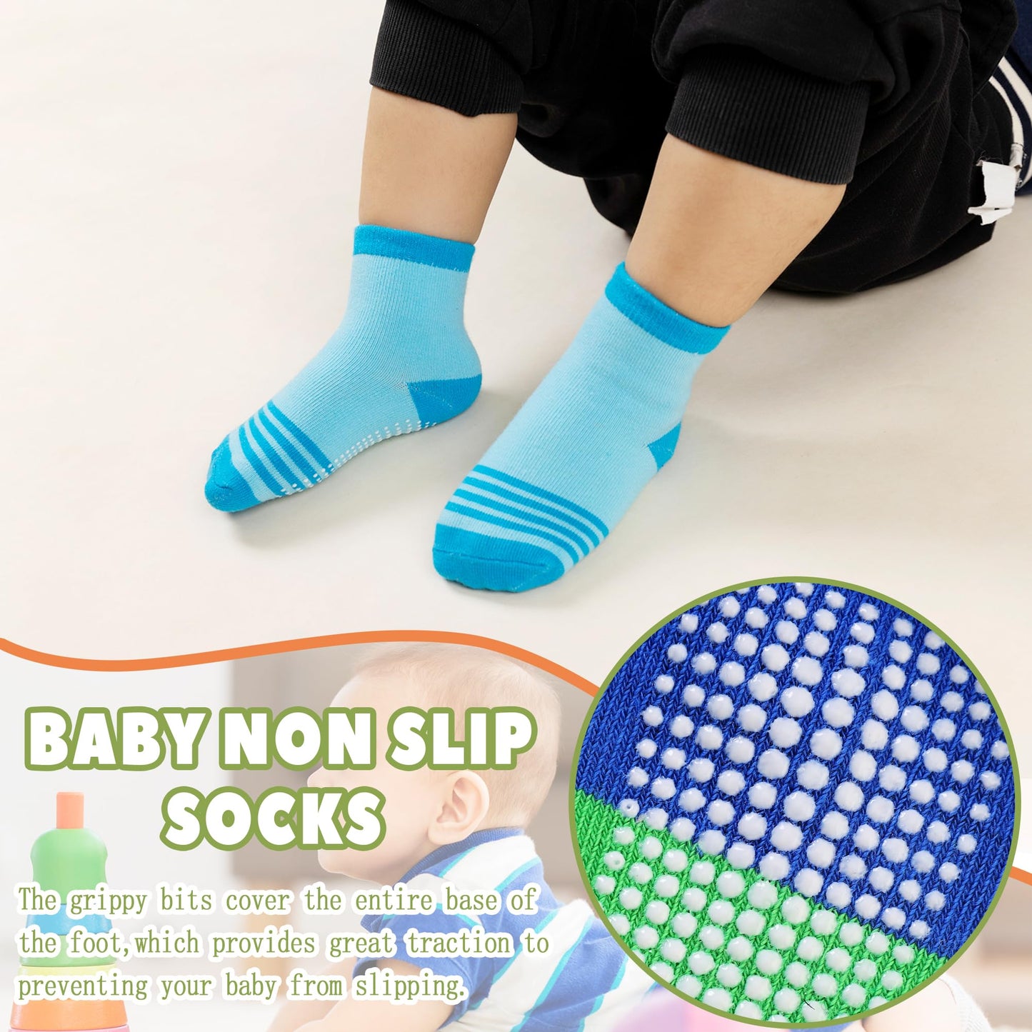 Toddler Non Slip Grips Socks Kids Anti Skid Baby Boys Girls Cotton Crew Socks 12 Pairs