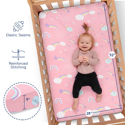 GROW WILD Unicorns & Rainbows Fitted Crib Sheets Girl (3 Pack) - Soft Jersey Cotton Fitted Sheet, Toddler Bed Mattress & Baby Crib Bedding Set for Girls, Baby Girl Nursery Crib - Pink, Purple & White