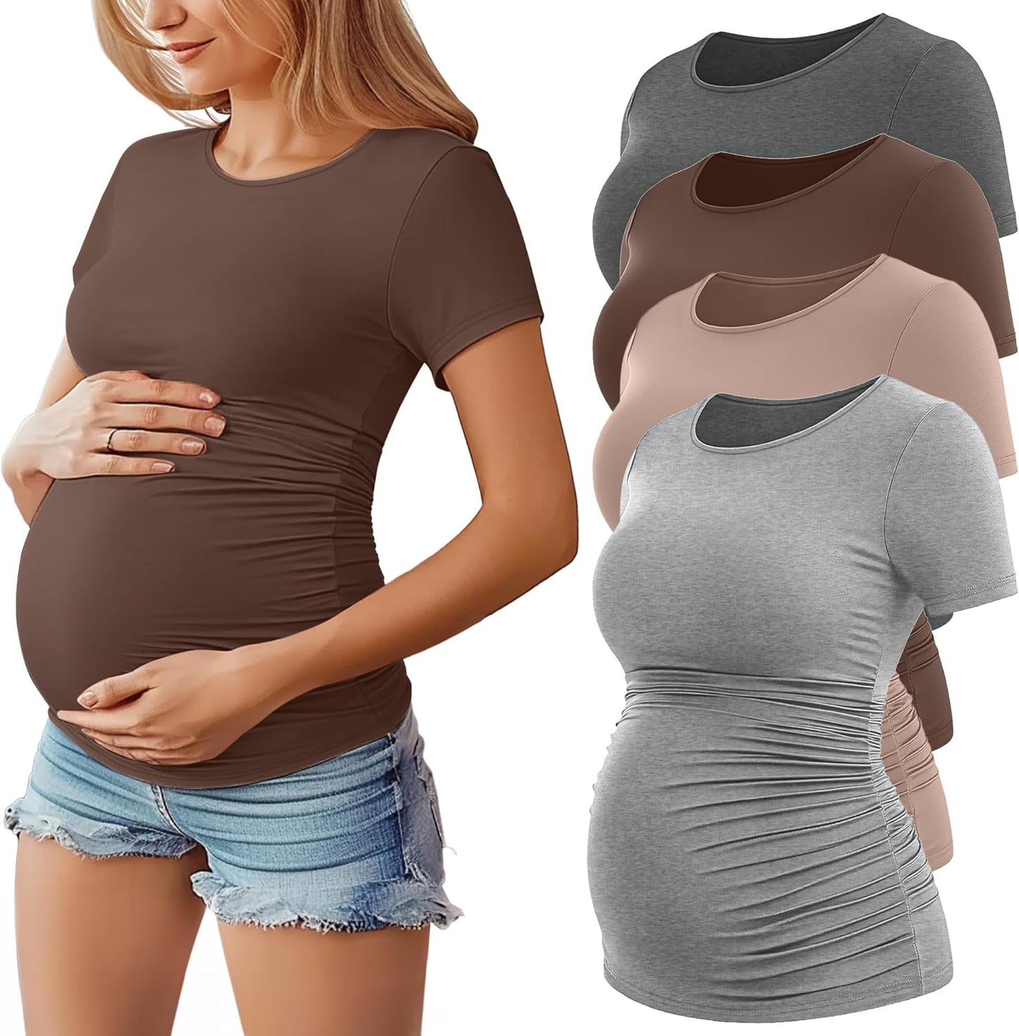 Huukeay 4 Pack Women's Maternity Shirts, Crew Neck Maternity Top Short Sleeve Casual Cotton Tee Side Ruched Pregnancy Clothes