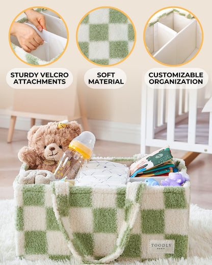 Baby Diaper Caddy Organizer with Portable Changing Mat - Teddy Fleece Diaper Organizer for Changing Table - Basket for Changing Essentials - Baby Essentials Organizer with Removable Dividers