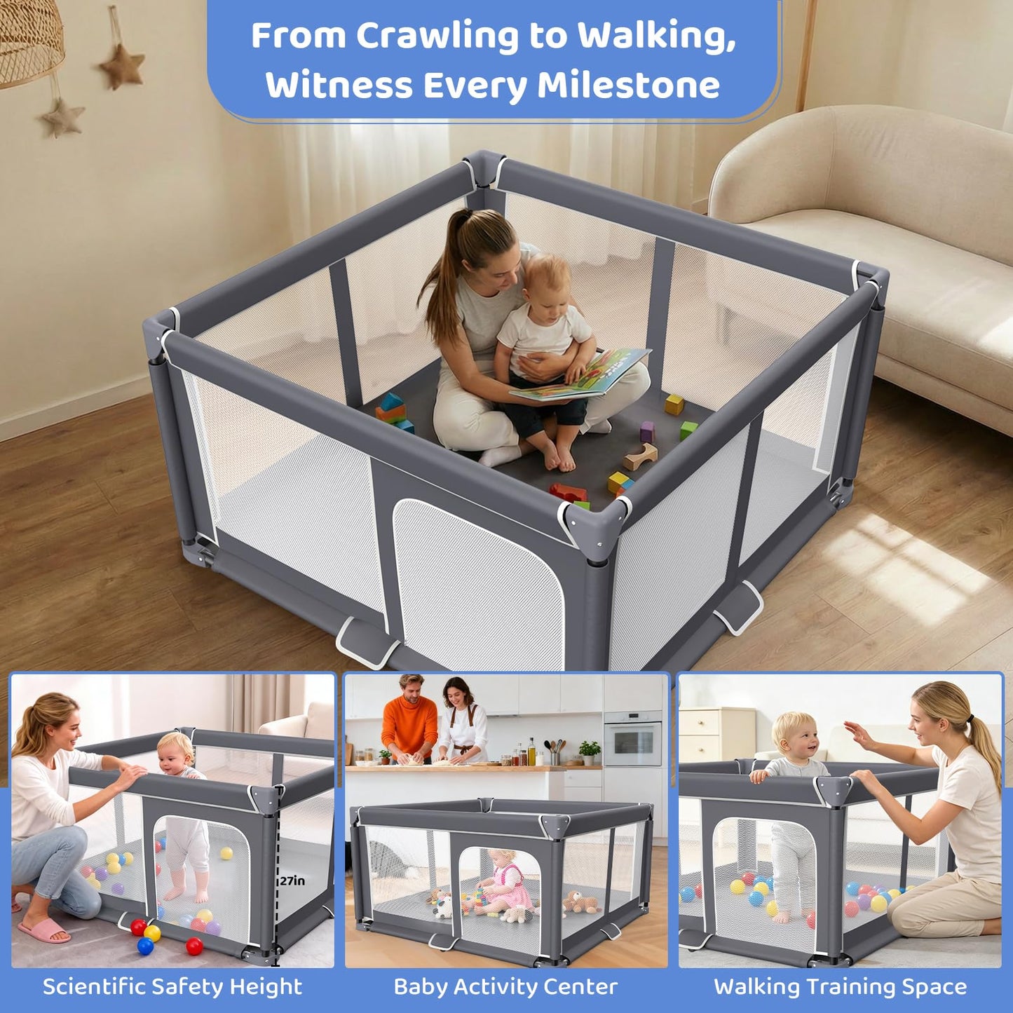 Foldable Baby Playpen - 50"x50" Safety Play Yard for Babies & Toddlers - Indoor & Outdoor Use with Carry Bag - Collapsible, Portable Play Yard, Dark Gray