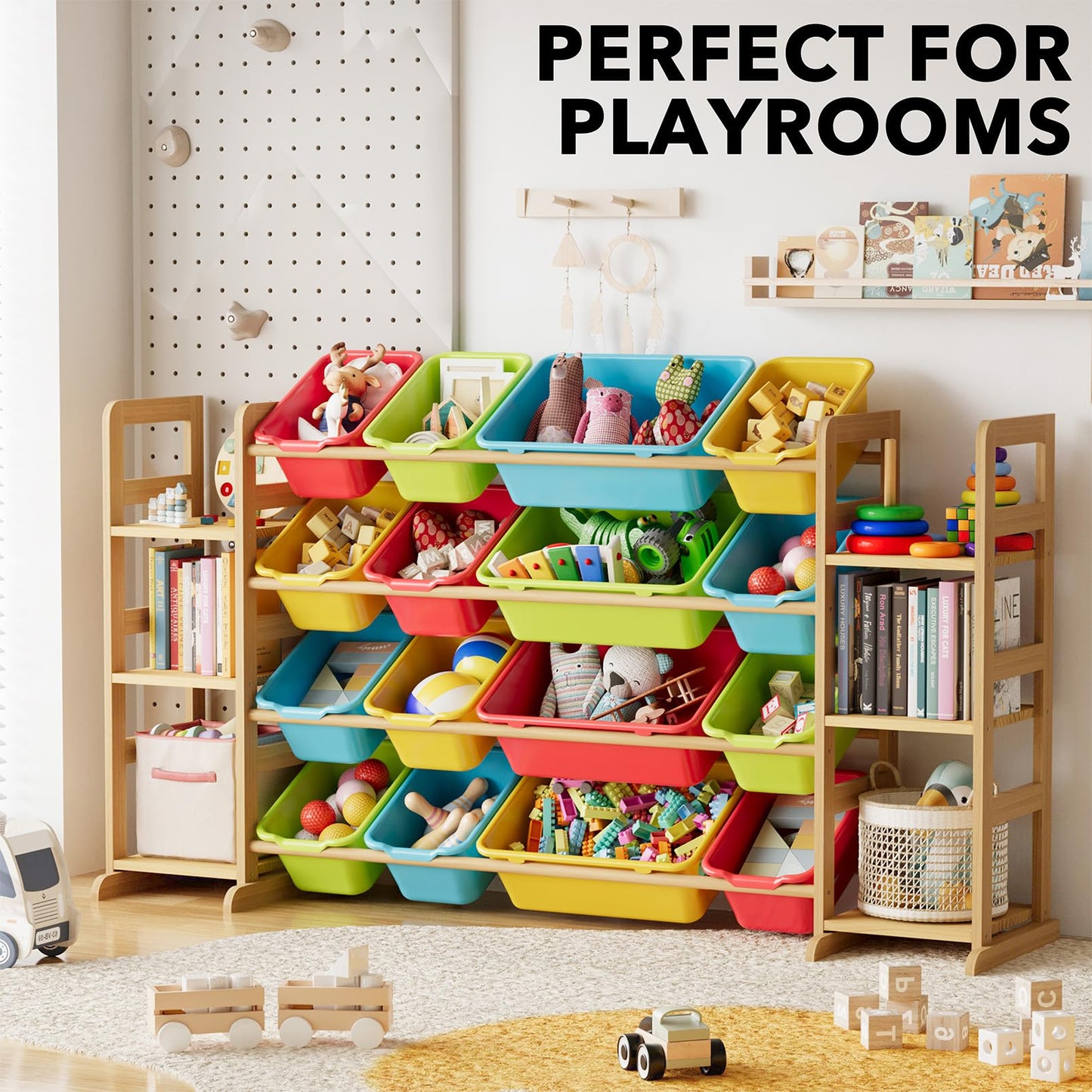 SpaceAid Toy Storage Organizer with 6 Shelves and 12 Bins, Bookshelf/Bookcase, Kids Bin Shelf, Toys Box for Playroom Organization for Bedroom & Room Decor, White, 52.3" W