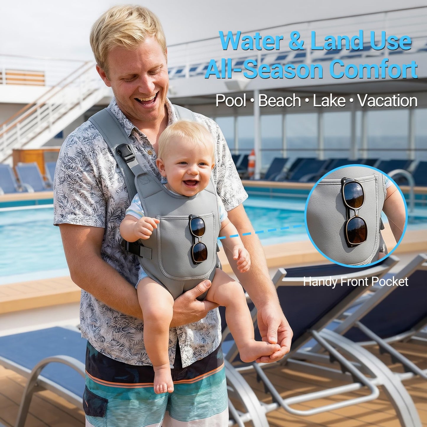 Neoprene Water Baby Carrier Newborn to Toddler, Ergonomic Waterproof Infant Chest Holder with Adjustable Straps, Breathable & Lightweight Baby Wearing Gear for Summer Pool Swimming & Beach