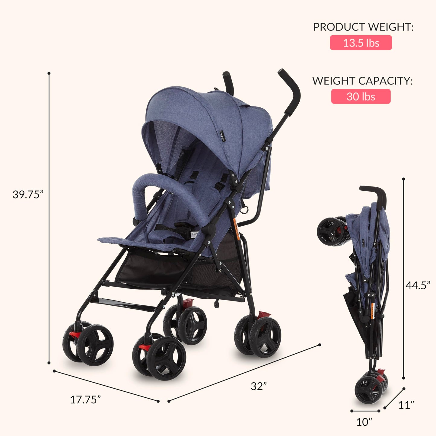 Dream On Me Vista Moonwalk Baby Stroller, Lightweight Travel Umbrella Stroller with Compact Fold, Smooth Ride Wheels, Multi-Position Recline, Spacious Storage Basket with Cup Holder, Light Gray
