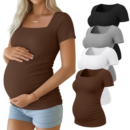Huukeay 4 Pack Women's Maternity Shirts Cotton Ribbed Short Sleeve Square Neck Pregnancy Tops Side Ruched Summer Tee