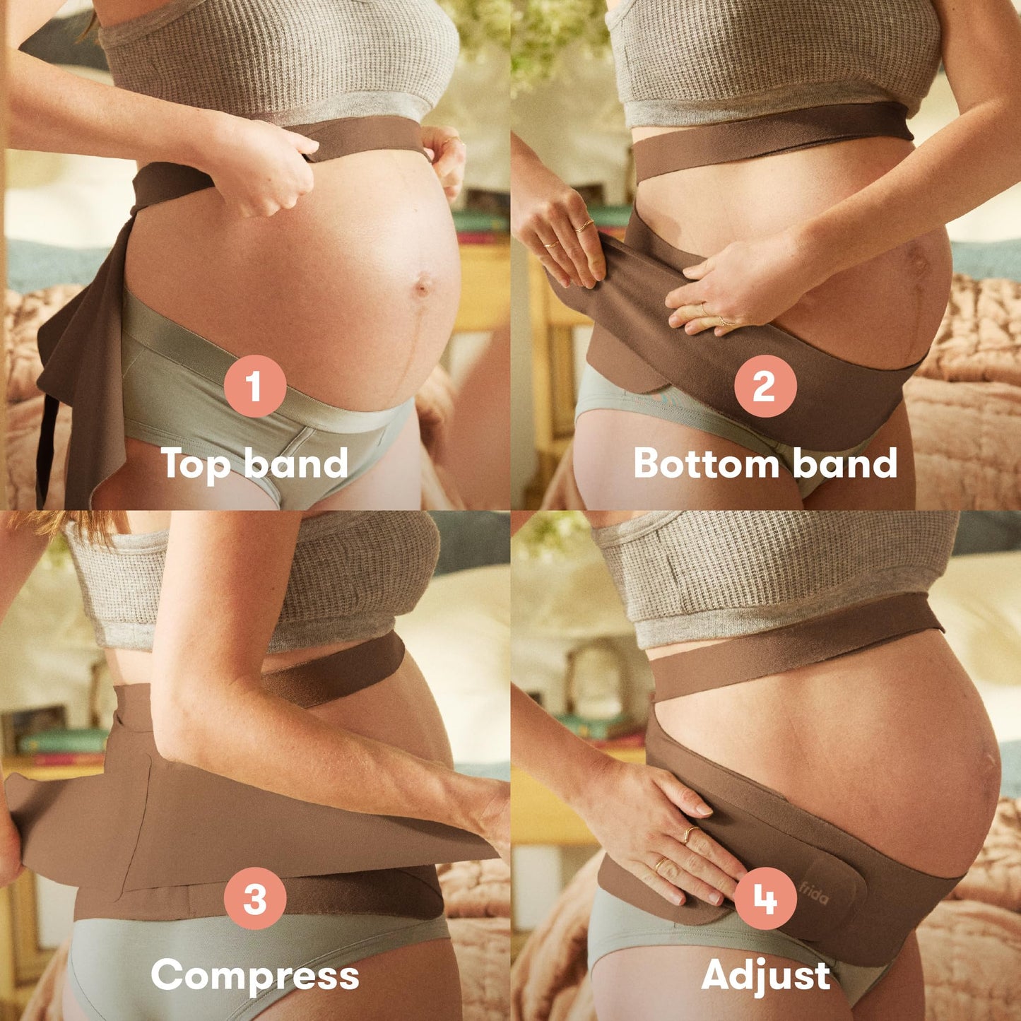 Frida Mom Dual Support Pregnancy Belly Band S/M, Maternity Belly Band with Ultimate Support Back, Hip & Pelvic, Adjustable, Lightweight, Breathable & Comfy, Supports Bump as Baby Grows, Clay