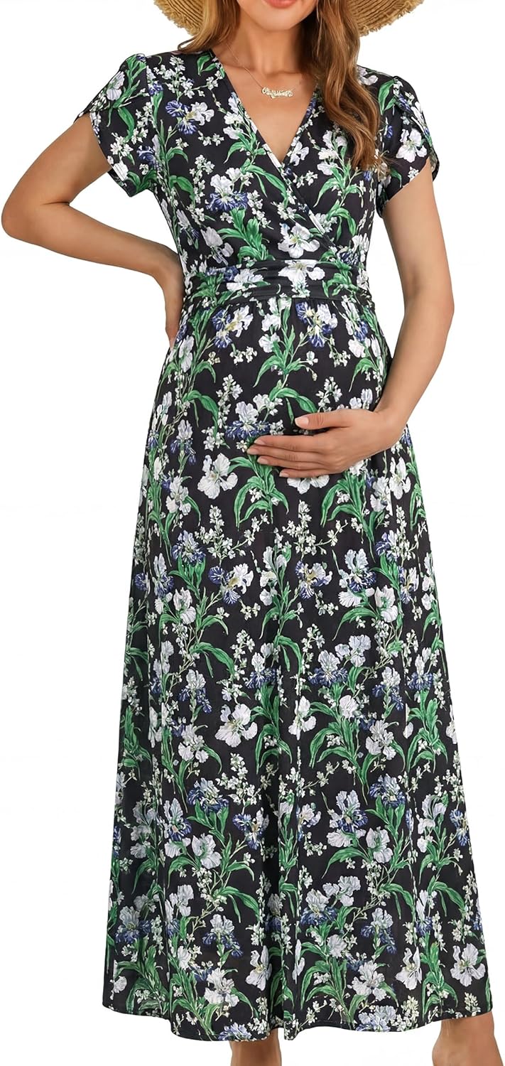 OUGES Maternity Maxi Dress Wrap Baby Shower Pregnancy Dresses for Photoshoot Maternity Outfits Summer Clothes 2026