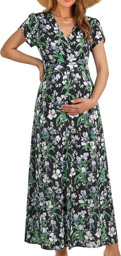 OUGES Maternity Maxi Dress Wrap Baby Shower Pregnancy Dresses for Photoshoot Maternity Outfits Summer Clothes 2026