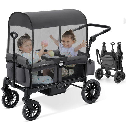 ELEMARA Stroller Wagon, 2 Seat Stroller for 2 Kids, Premium All Terrain Stroller for Kids w/Removable Canopy, Adjustable Push/Pull Handle, Large Storage Bag, Black