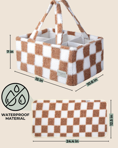 Baby Diaper Caddy Organizer with Portable Changing Mat - Teddy Fleece Diaper Organizer for Changing Table - Basket for Changing Essentials - Baby Essentials Organizer with Removable Dividers