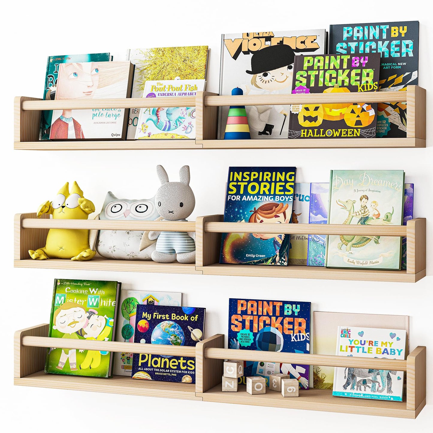 Fixwal Nursery Book Shelves, 16.5 Inch Floating Bookshelves for Wall Set of 3, Baby Nursery Decor, Solid Wood Wall Mounted Shelves for Books, Toys and Decor Storage (Brown)