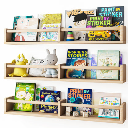 Fixwal Nursery Book Shelves, 16.5 Inch Floating Bookshelves for Wall Set of 3, Baby Nursery Decor, Solid Wood Wall Mounted Shelves for Books, Toys and Decor Storage (Brown)