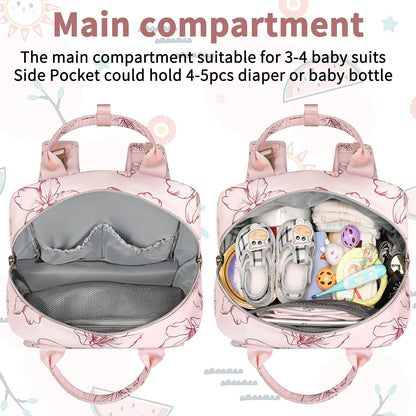 Diaper Bag Backpack, Baby Girl Diaper Bag for Mom, Large Pink Floral Diaper Bag Backpack for Girls, Waterproof Mom Backpack for Work Travel Holiday with Insulated Pockets and Stroller Straps