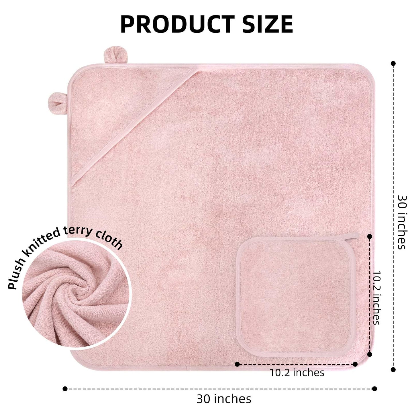 LifeTree 1 Pack Baby Hooded Towel with 1 Pack Washcloth for Newborn, 100% Cotton Bath Towel for Babies, Infant, Toddler and Kids, Thick,Soft and Absorbent, 30 * 30 Inches, Newborn Essentials, Pink