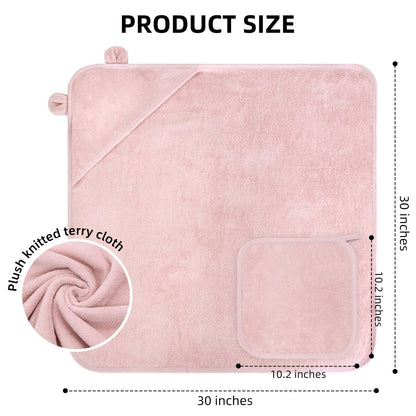 LifeTree 1 Pack Baby Hooded Towel with 1 Pack Washcloth for Newborn, 100% Cotton Bath Towel for Babies, Infant, Toddler and Kids, Thick,Soft and Absorbent, 30 * 30 Inches, Newborn Essentials, Pink