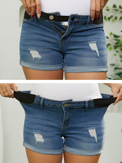 Women's Maternity Denim Shorts Elastic Panel Roll Hem Ripped Low Rise Mini Summer Pregnancy Jeans Shorts