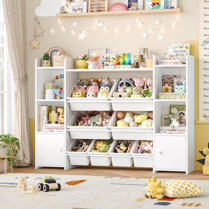 FOTOSOK Toy Storage Organizer with 8 Toy Bins, 55''Large Toy Organizers and Storage with Top Shelf, Toy Storage and Kids Bookshelf with 6 Storage Cubbies, Playroom Storage and Organization Bins, White