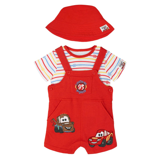 Disney Baby French Terry Short Overalls, T-Shirt and Hat 3 Piece Outfit Set Newborn to Infant Sizes (0-24 Months)