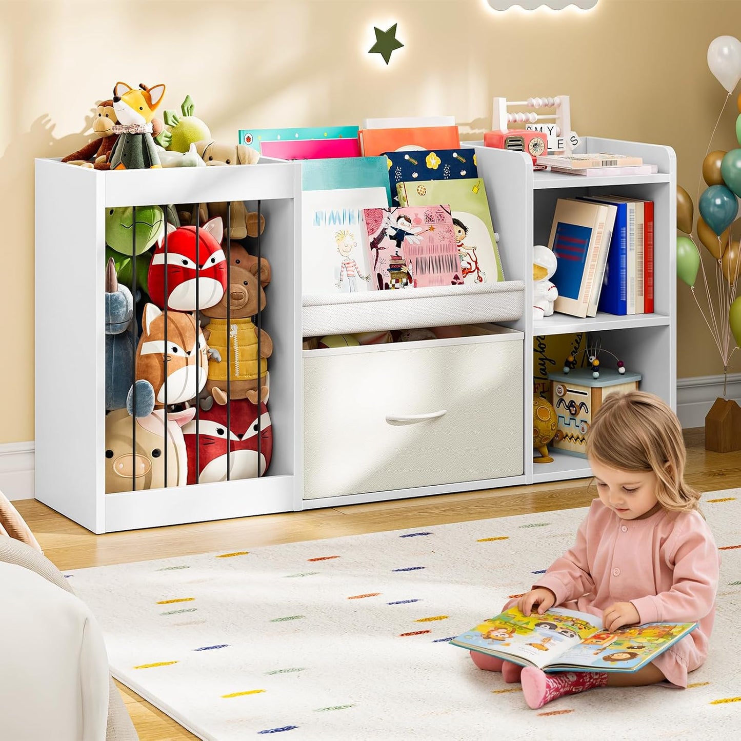 CHOEZON Kids Bookshelf, Children's Toy Storage Rack with Drawer, Display Shelf with Stuffed Animal Organizer, Toddler Bookcase with 3 Shelves, for Bedroom, Playroom, Living Room, White MCW21WB