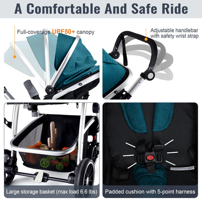 Hagaday Baby Stroller, 2-in-1 Reversible Toddler Seat with Bassinet Mode, Foldable Infant Stroller with Canopy, One Button Brake, Adjustable Handle, Newborn Pushchair(Blue)