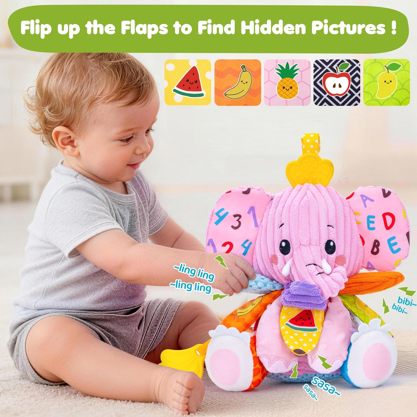 Baby Toys 3-6 Months, Musical Stuffed Elephant Toddler Toy for Newborn Infant 3 6 9 12 Months, Tummy Time Toys Montessori Sensory Toys 0-6 6-12 Months, Crinkle Paper, Mirror Soothing Music Shower Gift